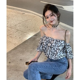 新款 碎花抹胸衬衫 复古甜美一字肩春秋季 泡泡袖 夏上衣辣妹短袖 女装