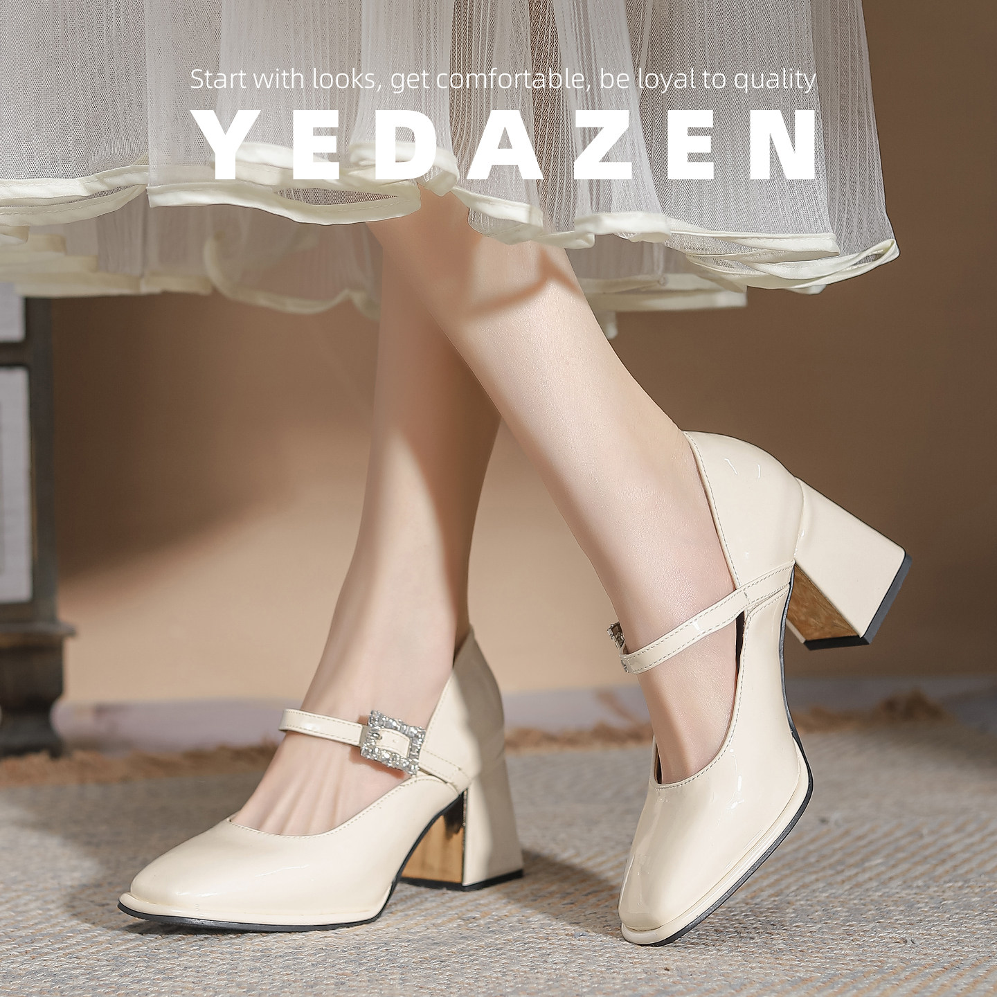 法式绝美白色玛丽珍方头高跟鞋仙女风粗跟一字带水钻温柔漆皮单鞋