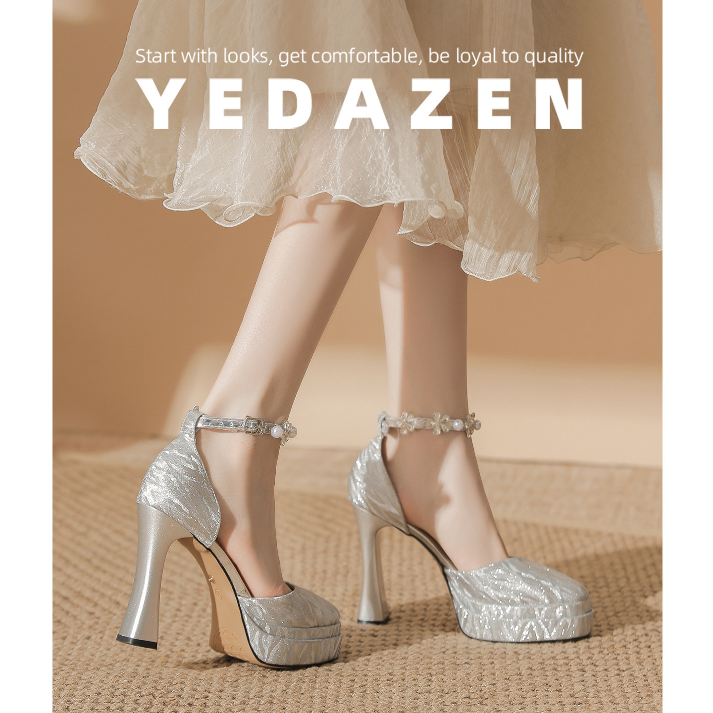 一字带粗跟高跟鞋小个子厚底玛丽珍银色主纱婚鞋女2025新款新娘鞋