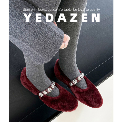 一脚蹬玛丽珍加绒毛毛鞋女外穿2025新款冬季新娘婚鞋红色平底单鞋