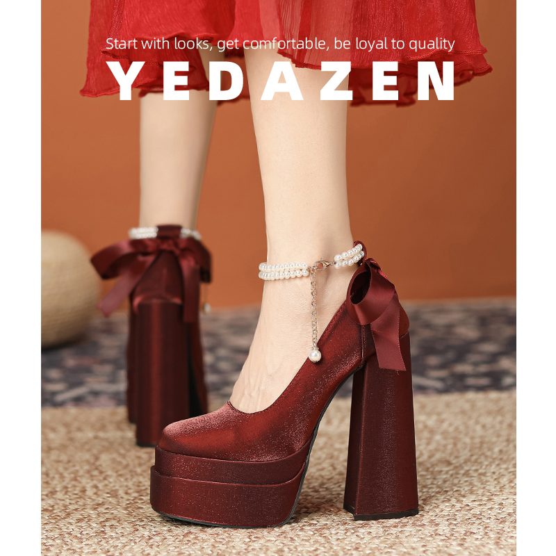 高级感红色防水台高跟鞋粗跟绸缎婚鞋禾秀婚纱两穿一字带珍珠单鞋