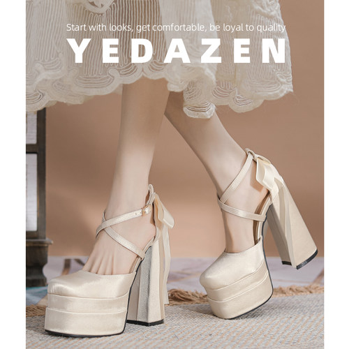 气质15厘白色恨天高跟鞋粗跟礼服伴娘增高婚鞋厚底交叉带方头单鞋