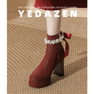 蝴蝶结红色高跟鞋女婚鞋绝美不累脚新娘鞋2025款配裙子的靴子短靴