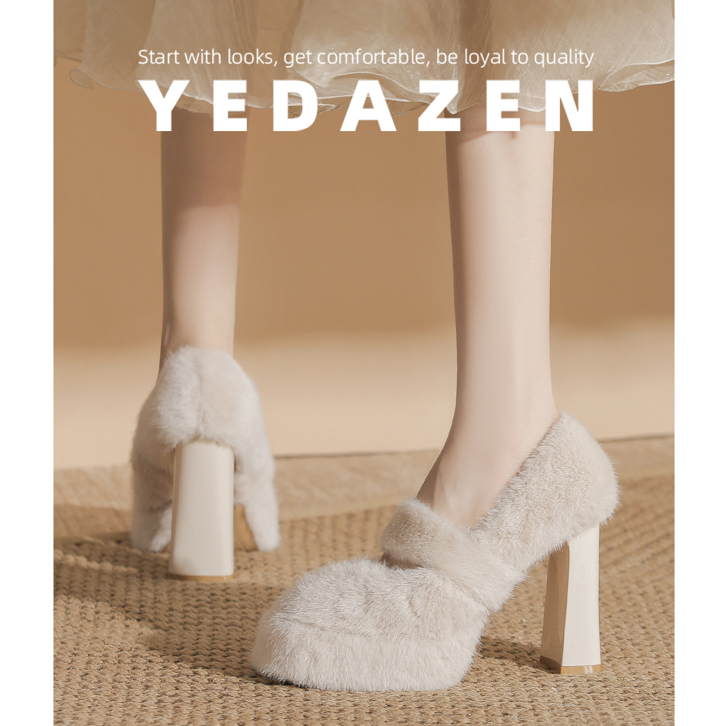 米白色厚底玛丽珍加绒外穿毛毛鞋女秋冬2025新款小个子高跟鞋粗跟