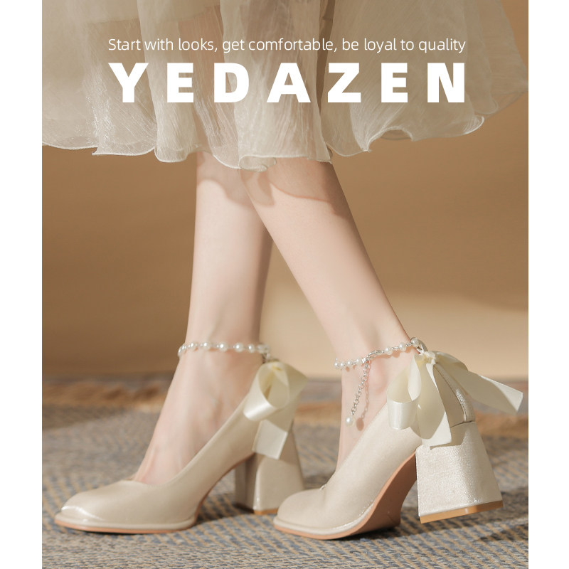 蝴蝶结高跟鞋绝美不累脚新娘婚鞋2026新款圆头玛丽珍珠单鞋女粗跟