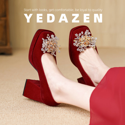 防水台绝美水晶主婚鞋新娘鞋粗跟不累脚红色中式秀禾结婚超高跟鞋