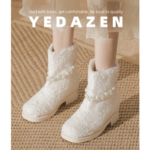 巨好看的冬季加绒保暖雪地靴女厚底2025新款爆款白色高跟毛毛短靴