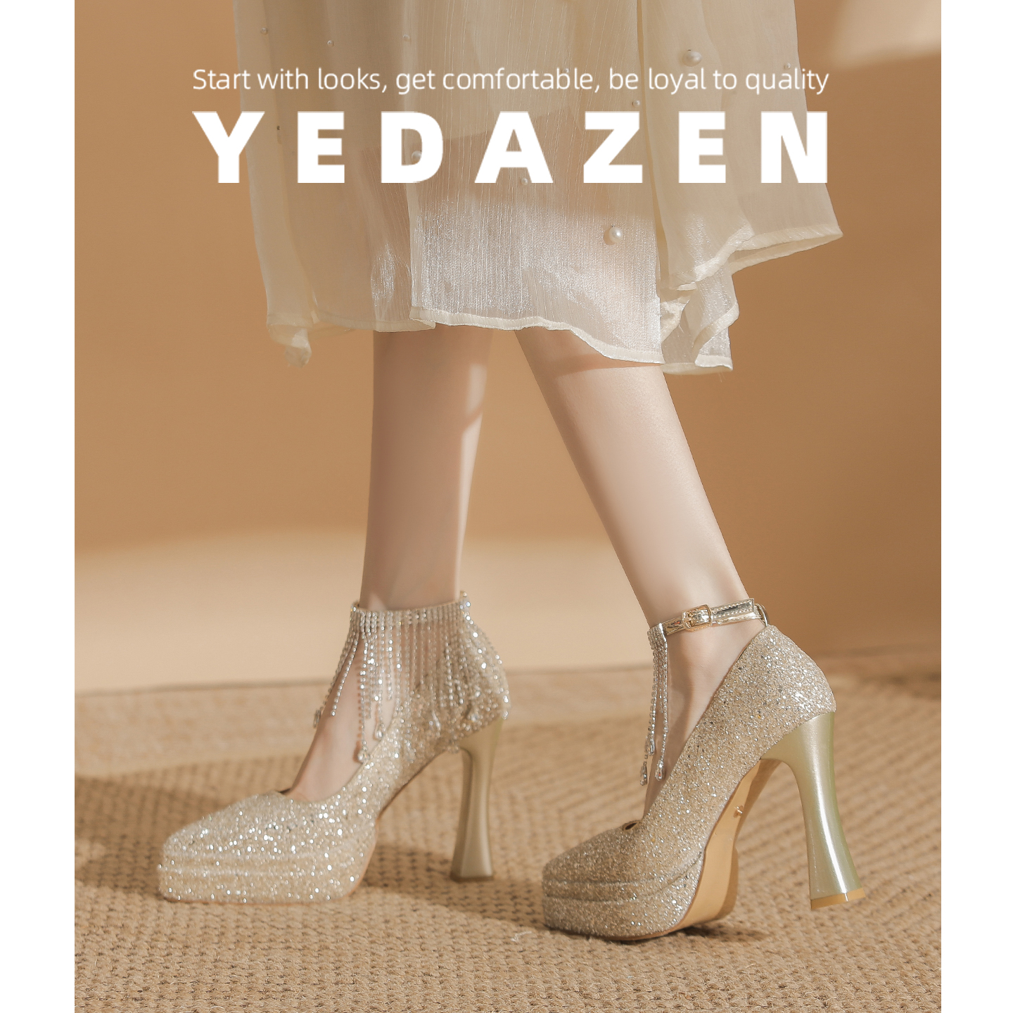 粗跟高跟鞋银色玛丽珍婚鞋新娘鞋