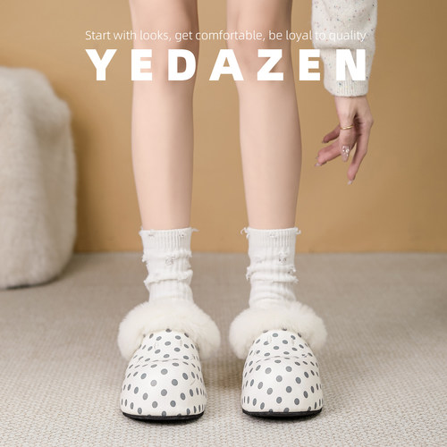 巨好看波点雪地靴低帮女冬季加绒厚底一脚蹬白色内增高笑脸毛毛鞋