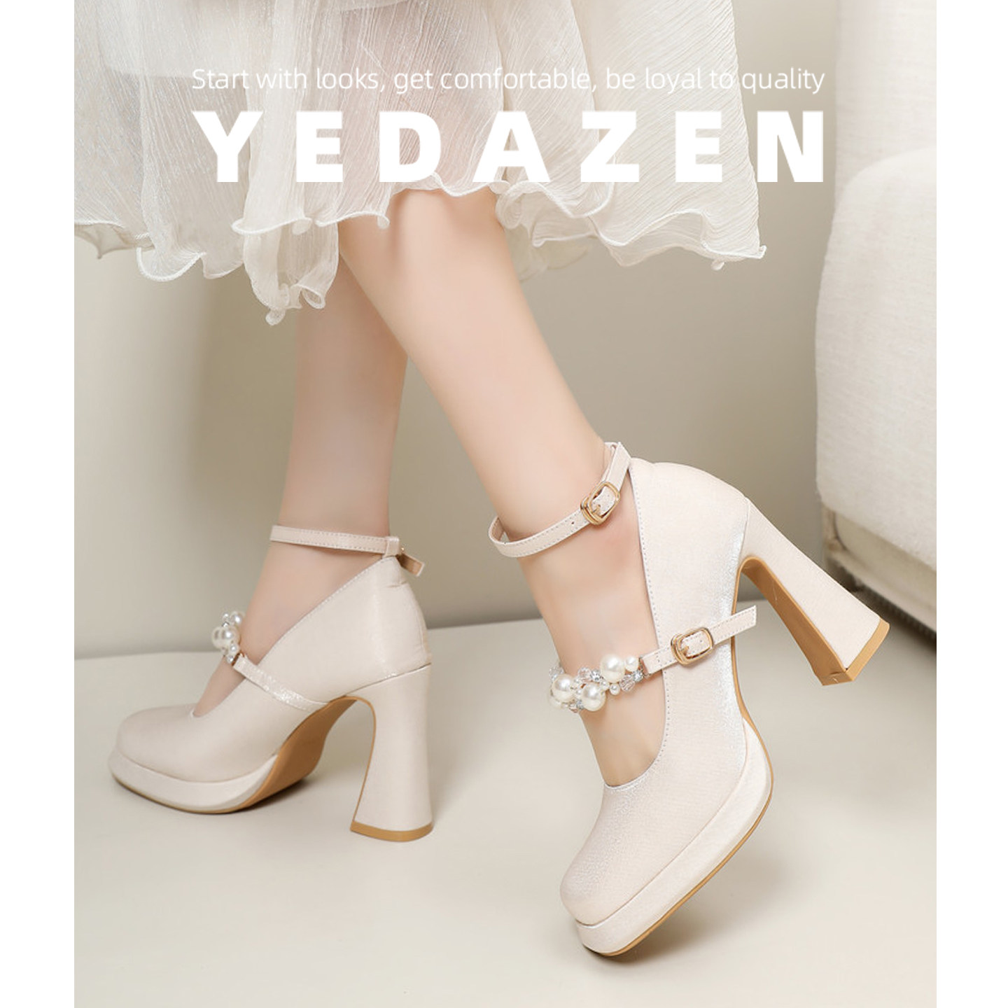 日常可穿伴娘鞋不累脚高跟鞋女粗跟白色新娘婚鞋厚底玛丽珍珠单鞋