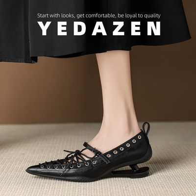 绝美黑色绑带高跟鞋女坡跟尖头玛丽珍小皮鞋2025新款超火芭蕾单鞋
