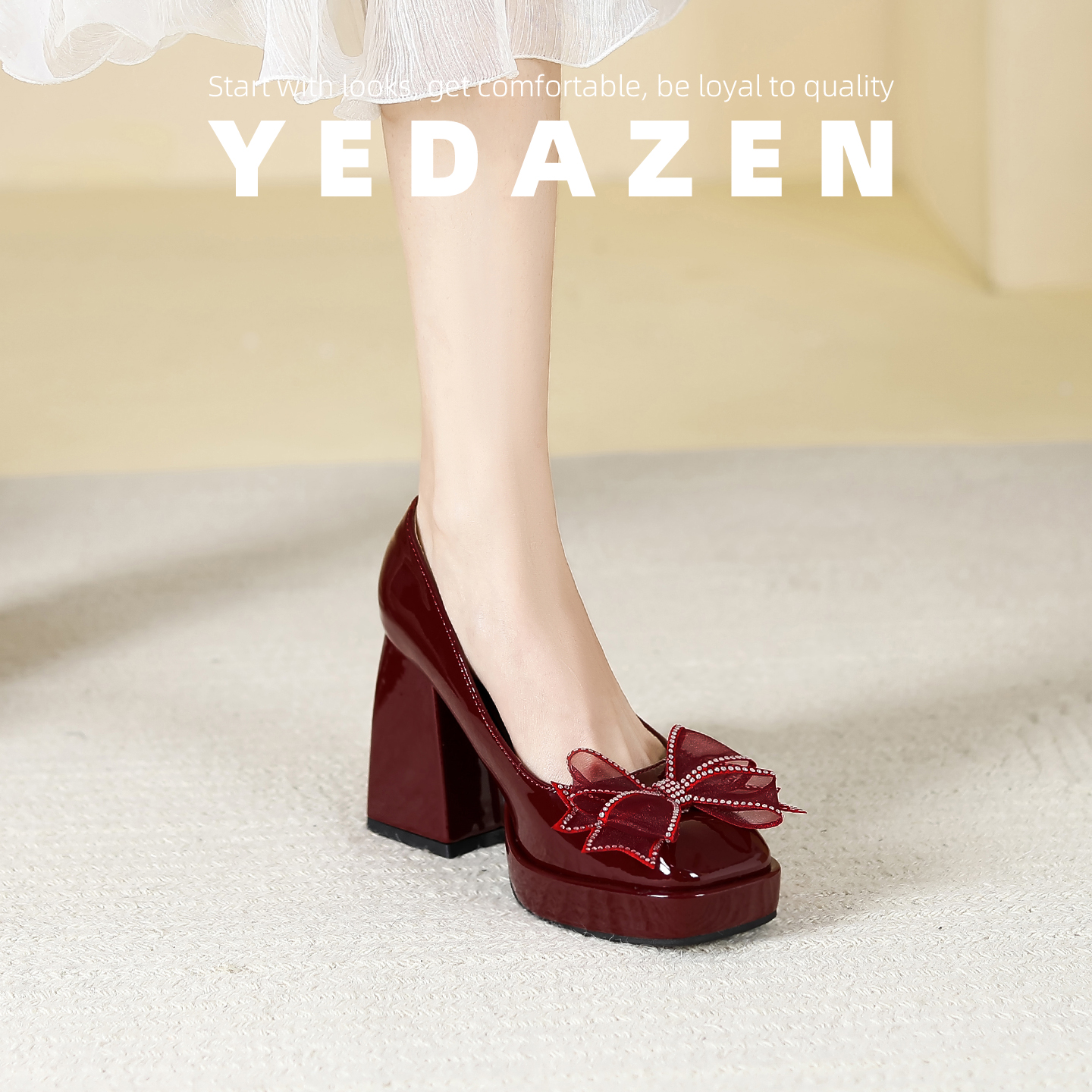 增高9CM~小个子蝴蝶结超高跟鞋粗跟红色防水台法式绝美不累脚婚鞋