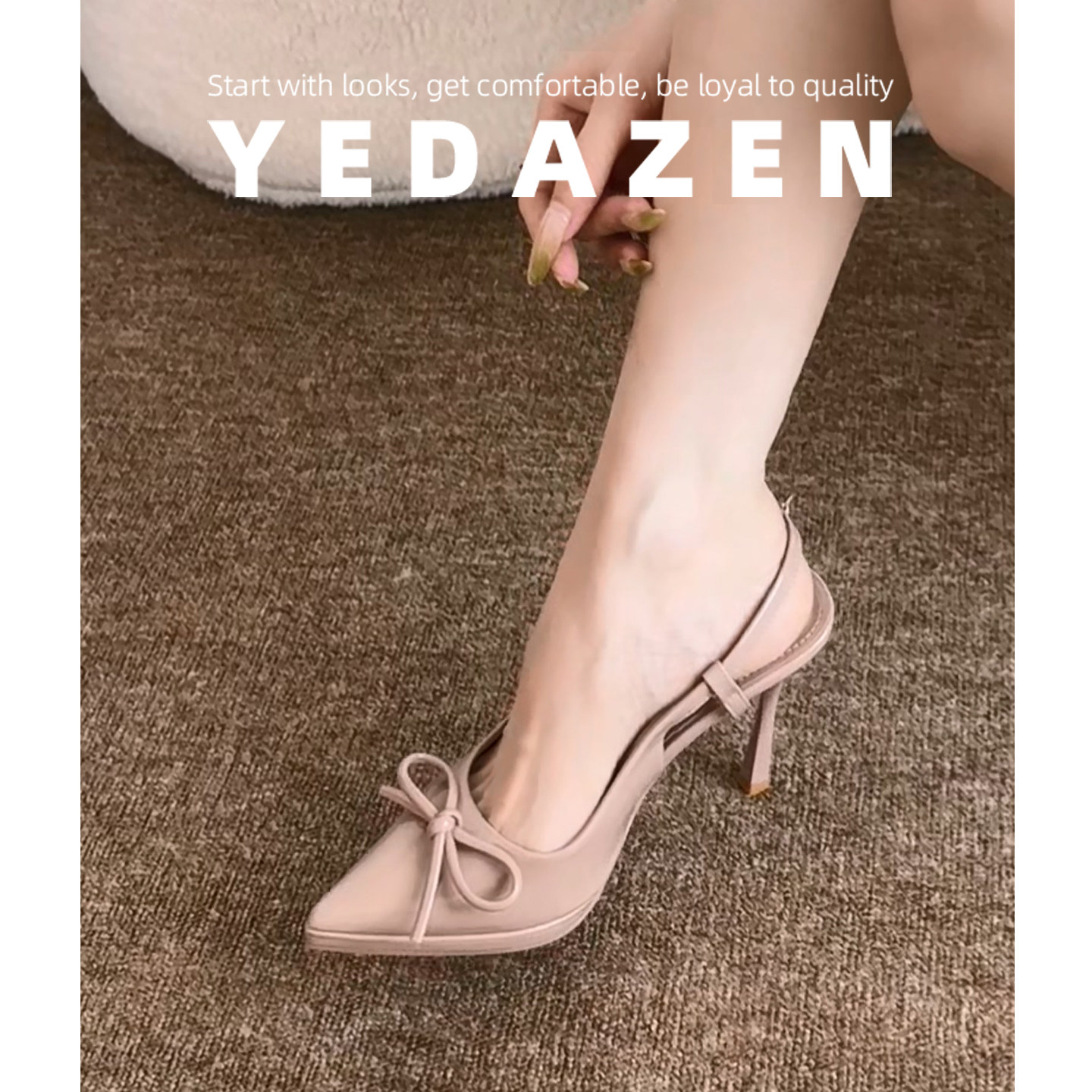 裸色尖头超高跟鞋小个子包头凉鞋女夏外穿蝴蝶结不累脚绝美凉单鞋