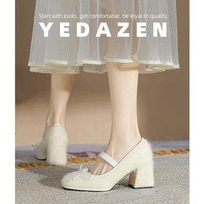 绝美白色玛丽珍毛毛鞋女冬季外穿粗跟高级感加绒法式蝴蝶结高跟鞋
