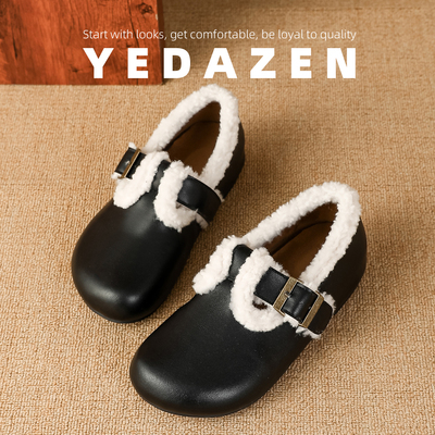 一字带扣带玛丽珍毛毛鞋女保暖外穿冬季加绒厚底内增高黑色勃肯鞋
