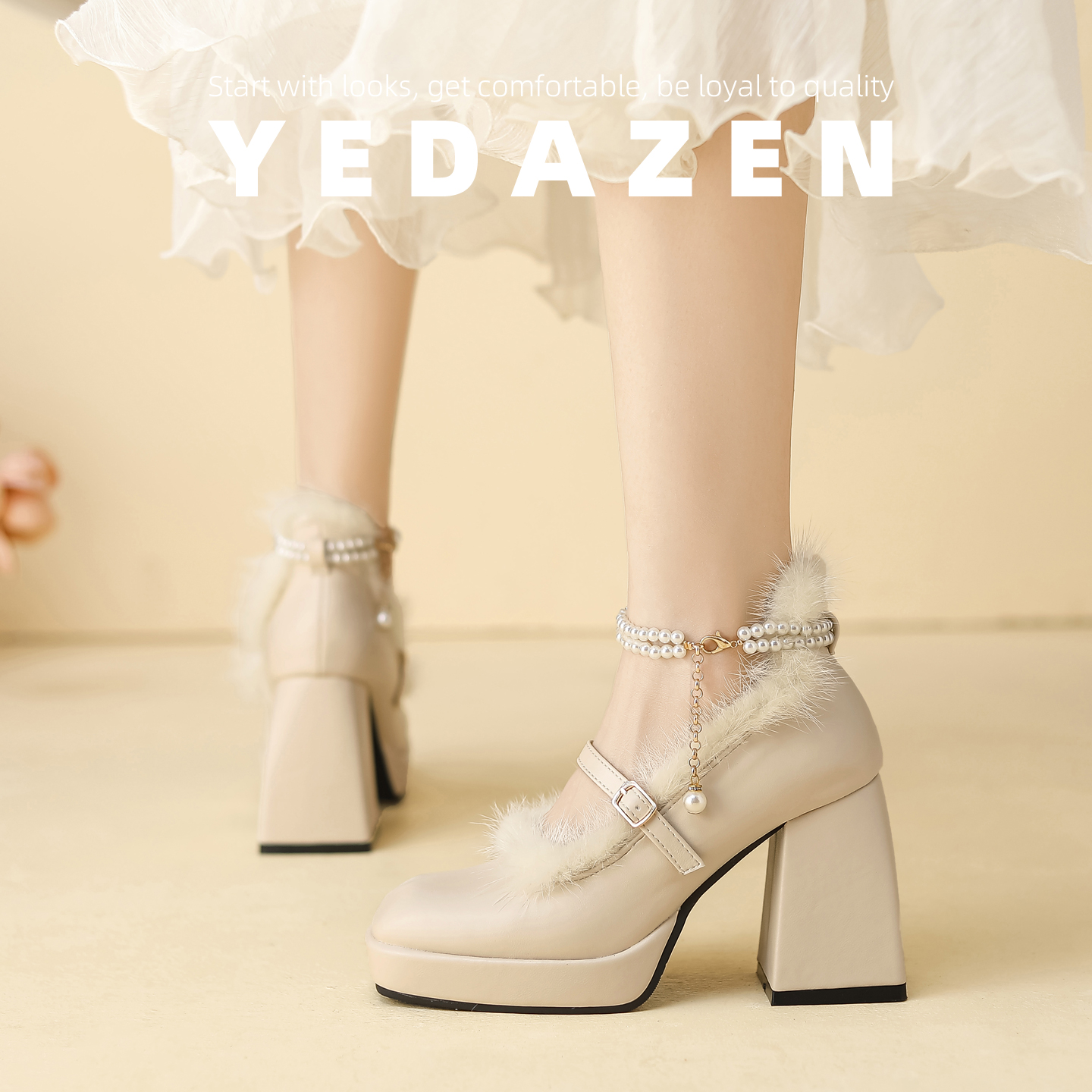 小个子厚底水貂毛毛高跟鞋女秋冬加绒巨好看的一字带玛丽珍珠单鞋