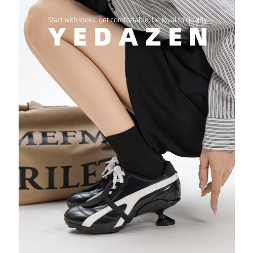 黑色系带休闲运动风芭蕾鞋女矮跟高跟鞋2025新款复古拼色德训单鞋