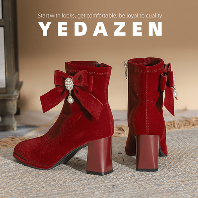 中式绝美不累脚红色婚鞋女2025新款新娘粗跟珍珠吊坠绒面高跟短靴