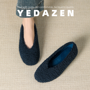 2025新款 高级感蓝色毛毛鞋 加绒棉单鞋 平底瓢鞋 超火 女秋冬外穿法式