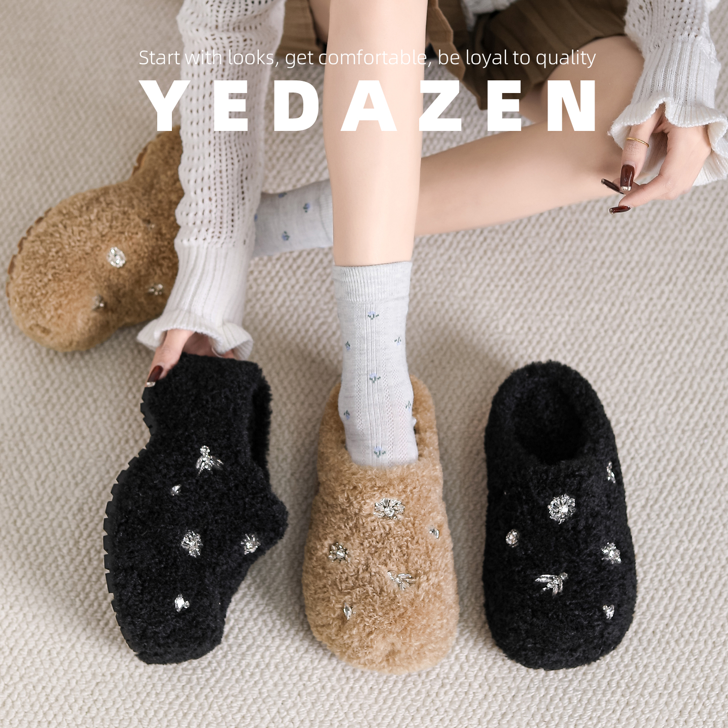 一脚蹬黑色包头半拖鞋女秋冬加绒外穿厚底内增高水钻羊羔毛毛鞋子