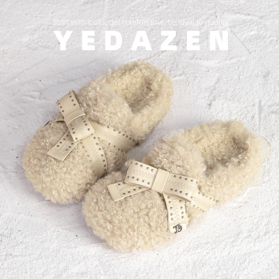 卡其色可爱泰迪卷毛毛半拖鞋女外穿冬季加绒厚底一脚蹬包头勃肯鞋