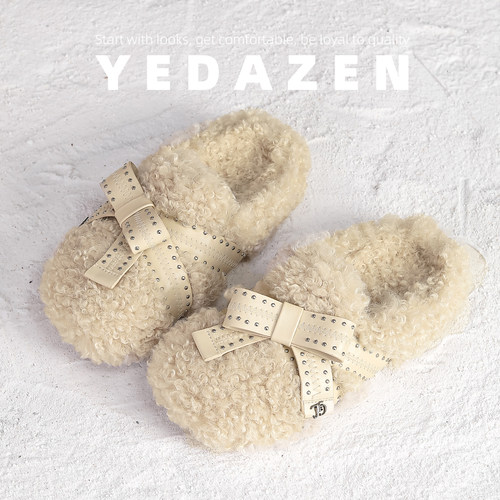 卡其色可爱泰迪卷毛毛半拖鞋女外穿冬季加绒厚底一脚蹬包头勃肯鞋