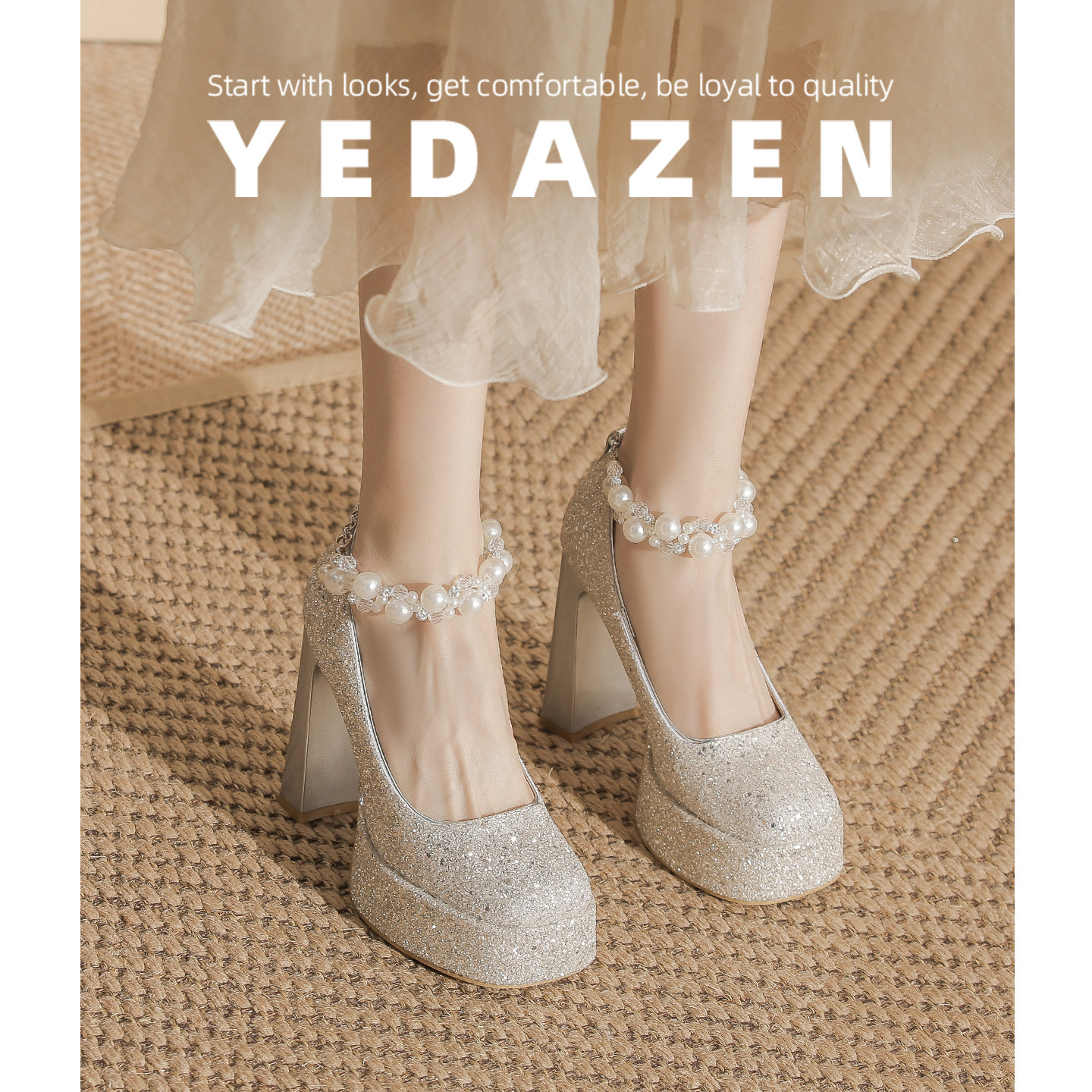 2026新款小个子银色水晶主纱婚鞋高跟鞋女粗跟方头玛丽珍伴娘单鞋