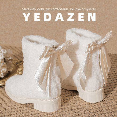 米白色蝴蝶结加绒厚底雪地靴女款2025新款冬季毛毛靴保暖高跟短靴