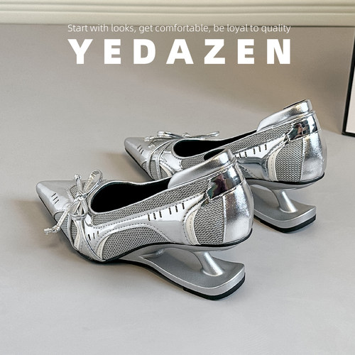 牛皮版~银色网面透气芭蕾风高跟鞋女2026秋季新款蝴蝶结尖头单鞋