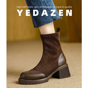 复古高跟短靴女2025新款超火弹力瘦瘦靴厚底巨好看的棕色靴子