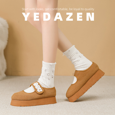 小土豆毛毛鞋女外穿冬季加绒圆头棕色玛丽珍鞋厚底增高魔术贴单鞋