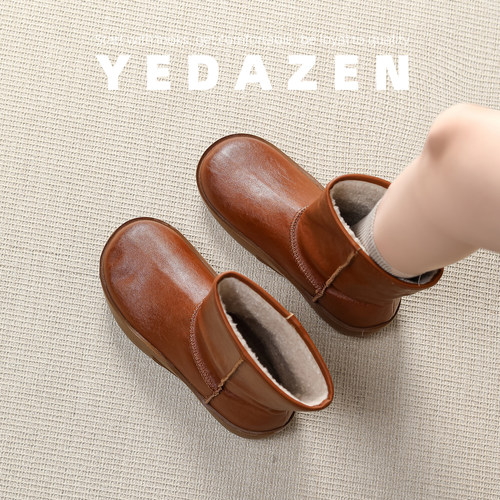 复古棕色皮面雪地棉靴女冬季加绒2025新款爆款厚底勃肯英伦风短靴