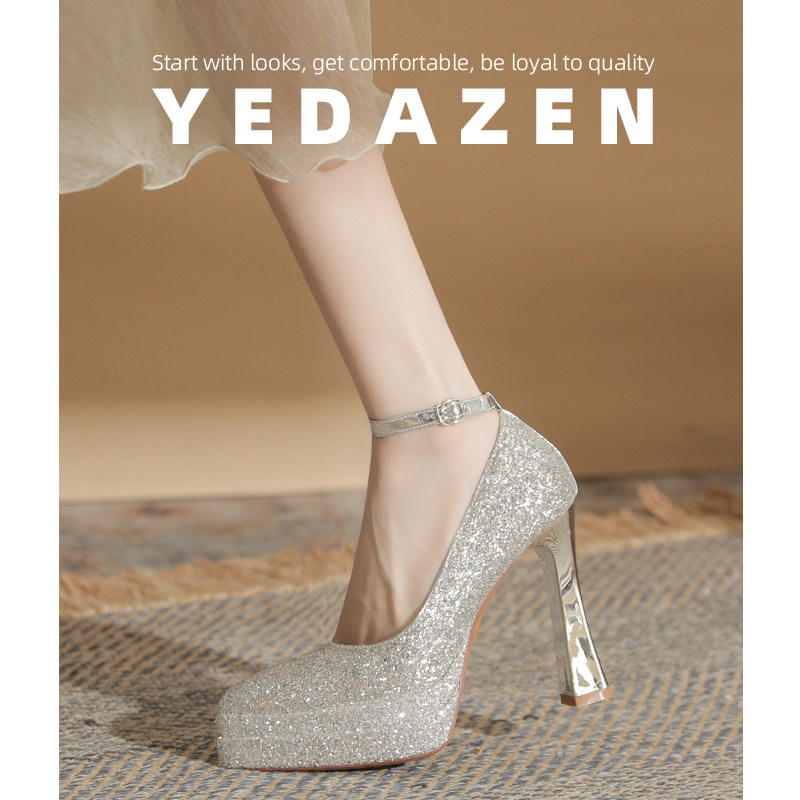 一字带粗跟高跟鞋婚鞋水晶鞋主婚纱温柔伴娘鞋新款尖头银色单鞋女,女鞋,婚鞋,淘宝优惠券,粉丝福利购,淘宝优惠卷