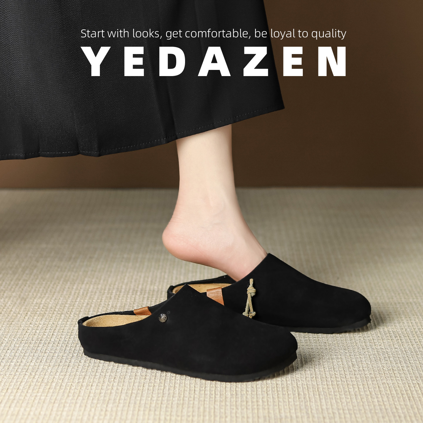 一脚蹬黑色真皮包头半拖鞋女外穿2026新款秋季复古圆头增高勃肯鞋