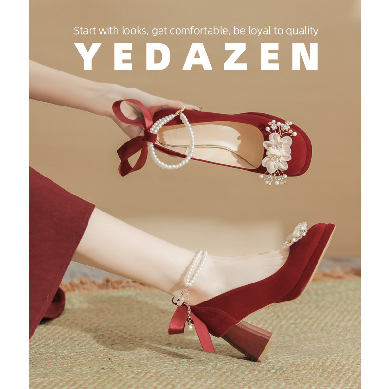 法式玛丽珍鞋花朵婚鞋高跟鞋不累脚2026新款蝴蝶结红色单鞋女粗跟