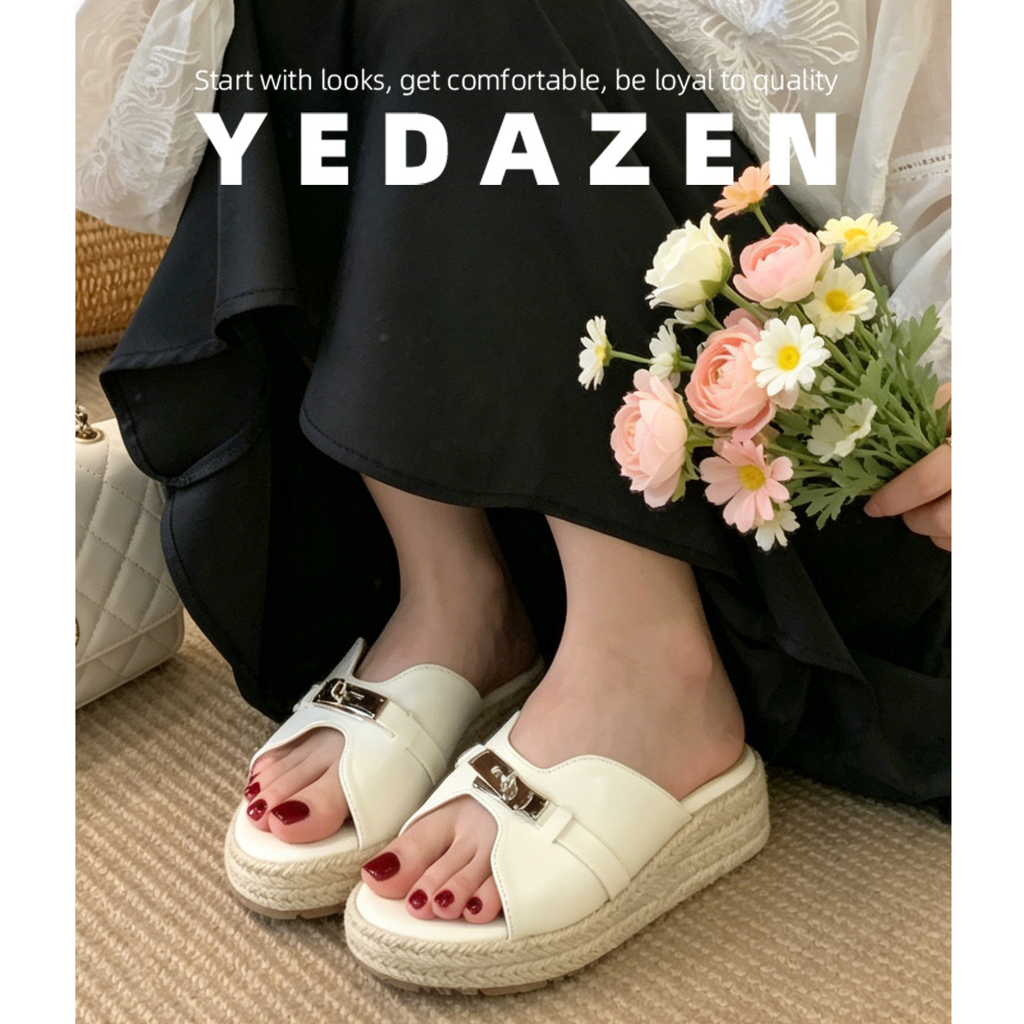 复古小金扣一字拖鞋女夏季外穿新款草编坡跟凉鞋高跟鞋厚底凉拖鞋