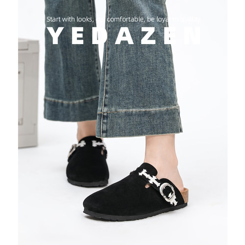 十字花黑色包头半拖鞋厚底勃肯鞋