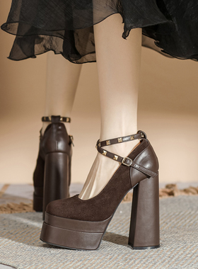 法式15CM超高跟鞋女粗跟厚底玛丽珍鞋2026春季新款防水台铆钉单鞋