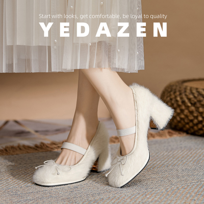 法式超火水貂毛毛鞋女粗跟外穿秋冬加绒白色玛丽珍高跟蝴蝶结单鞋