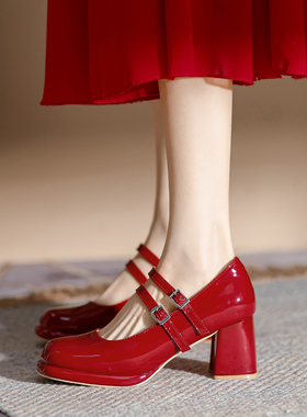 一字双扣带法式高跟鞋女粗跟红色玛丽珍婚鞋2024新款春季方头单鞋