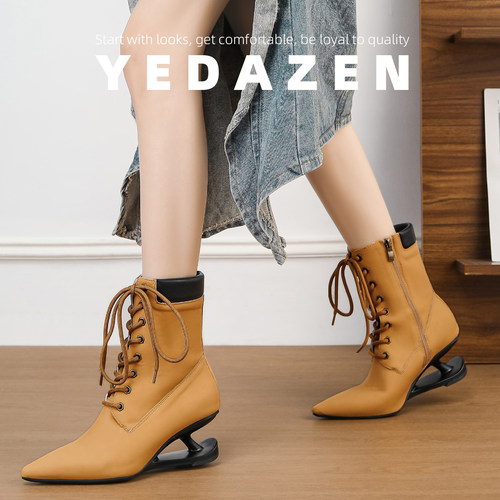 2025巨好看尖头高跟小短靴女设计感小众英伦风马丁靴小个子大黄靴