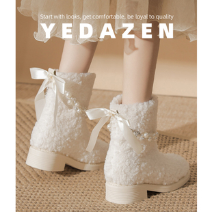 巨好看的加绒雪地靴女款2025新款冬季高跟短靴厚底保暖白色毛毛靴