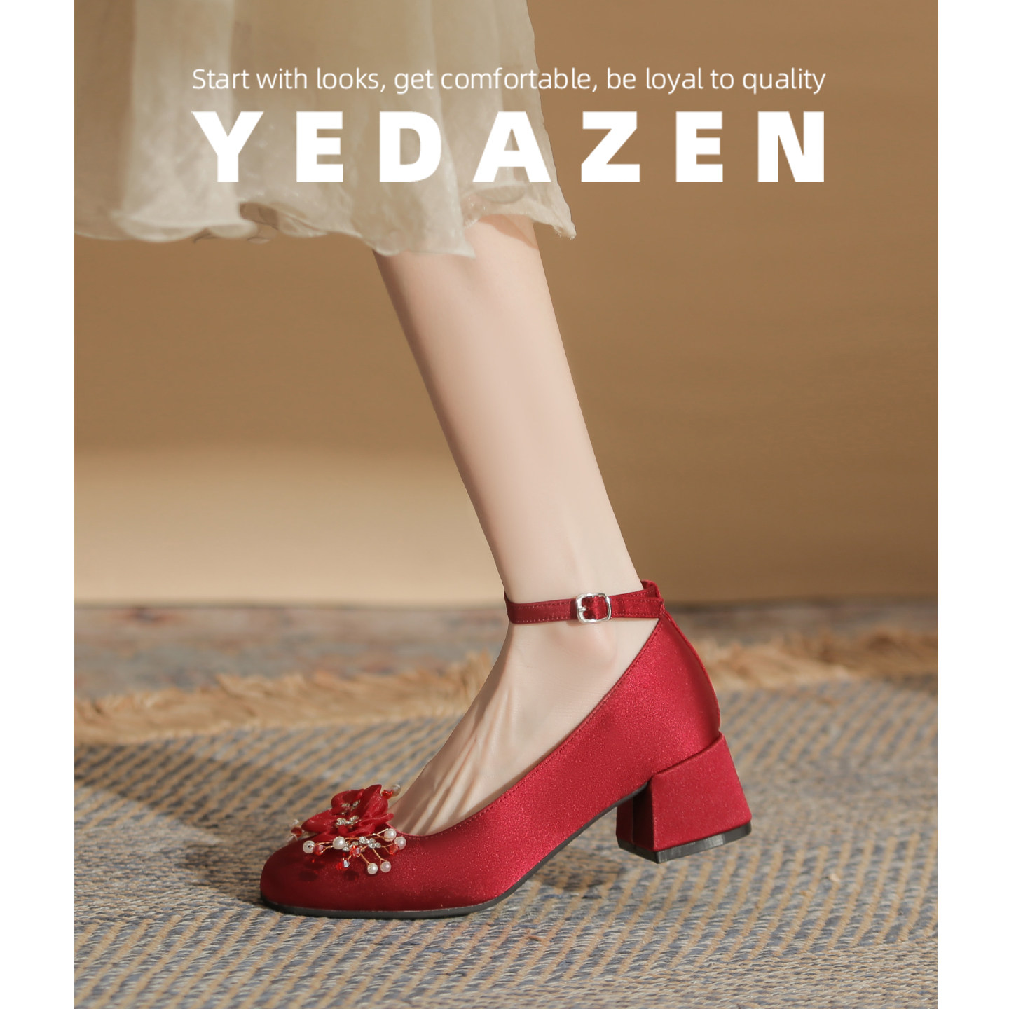 法式玛丽珍高跟鞋粗跟酒红色花朵秀禾婚鞋女2025新款新娘鞋不累脚,女鞋,婚鞋,淘宝优惠券,粉丝福利购,淘宝优惠卷