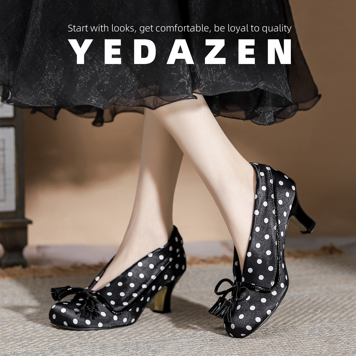 法式黑色波点高跟鞋女气质高级不累脚春季单鞋粗跟复古圆头奶奶鞋