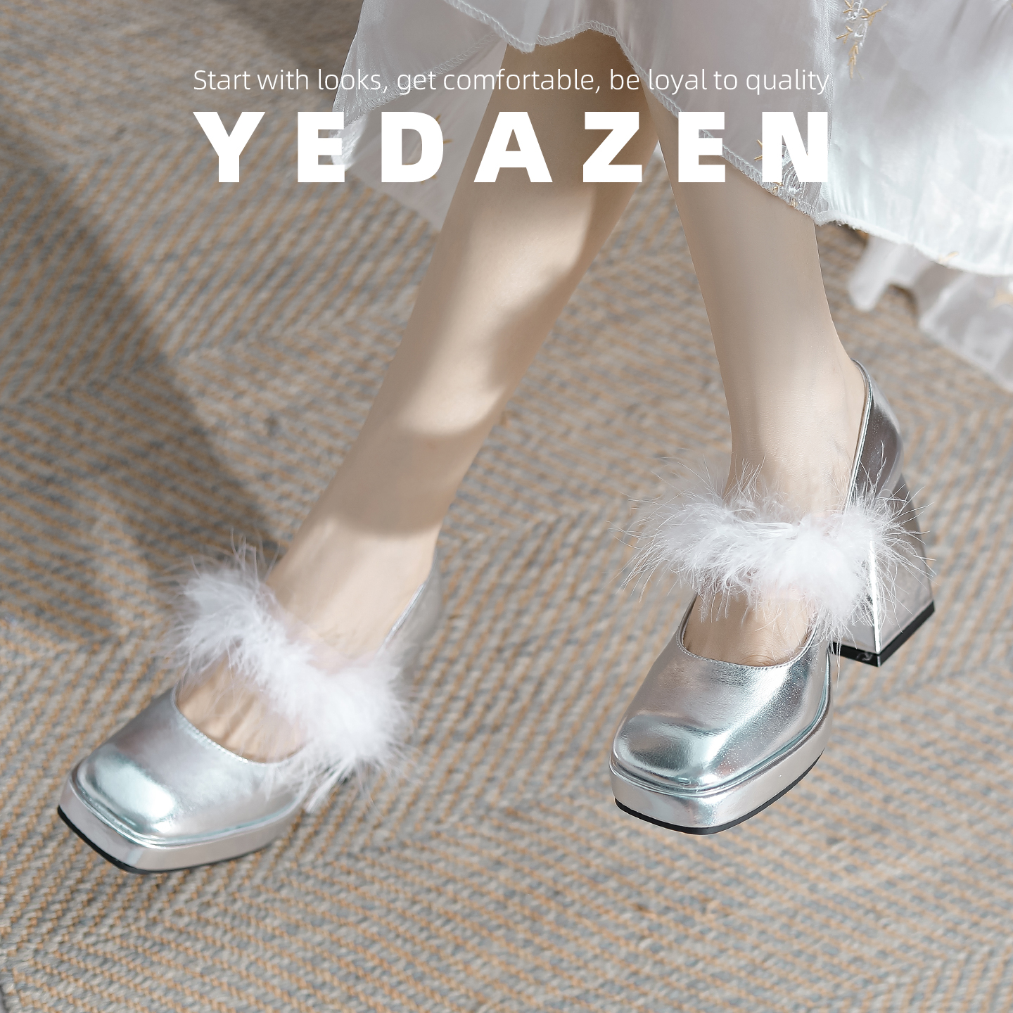 高级感超火水貂毛毛鞋女粗跟外穿秋冬加绒气质银色玛丽珍高跟单鞋