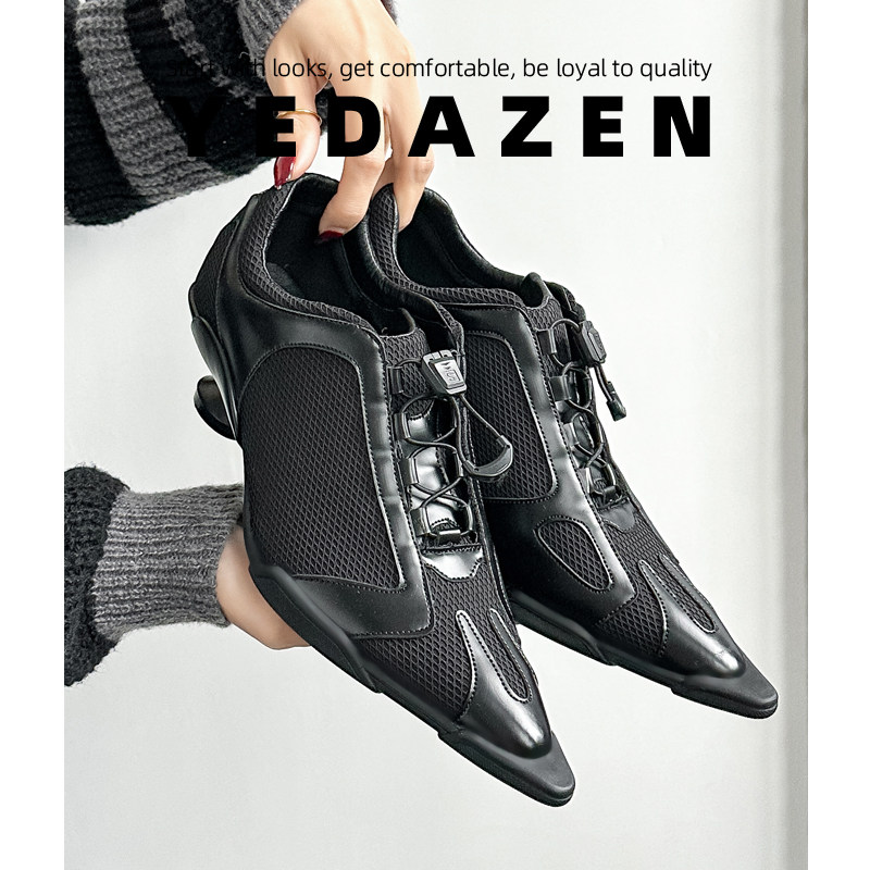 黑色小众设计系带网面运动风高跟鞋女粗跟2026新款高级感尖头单鞋