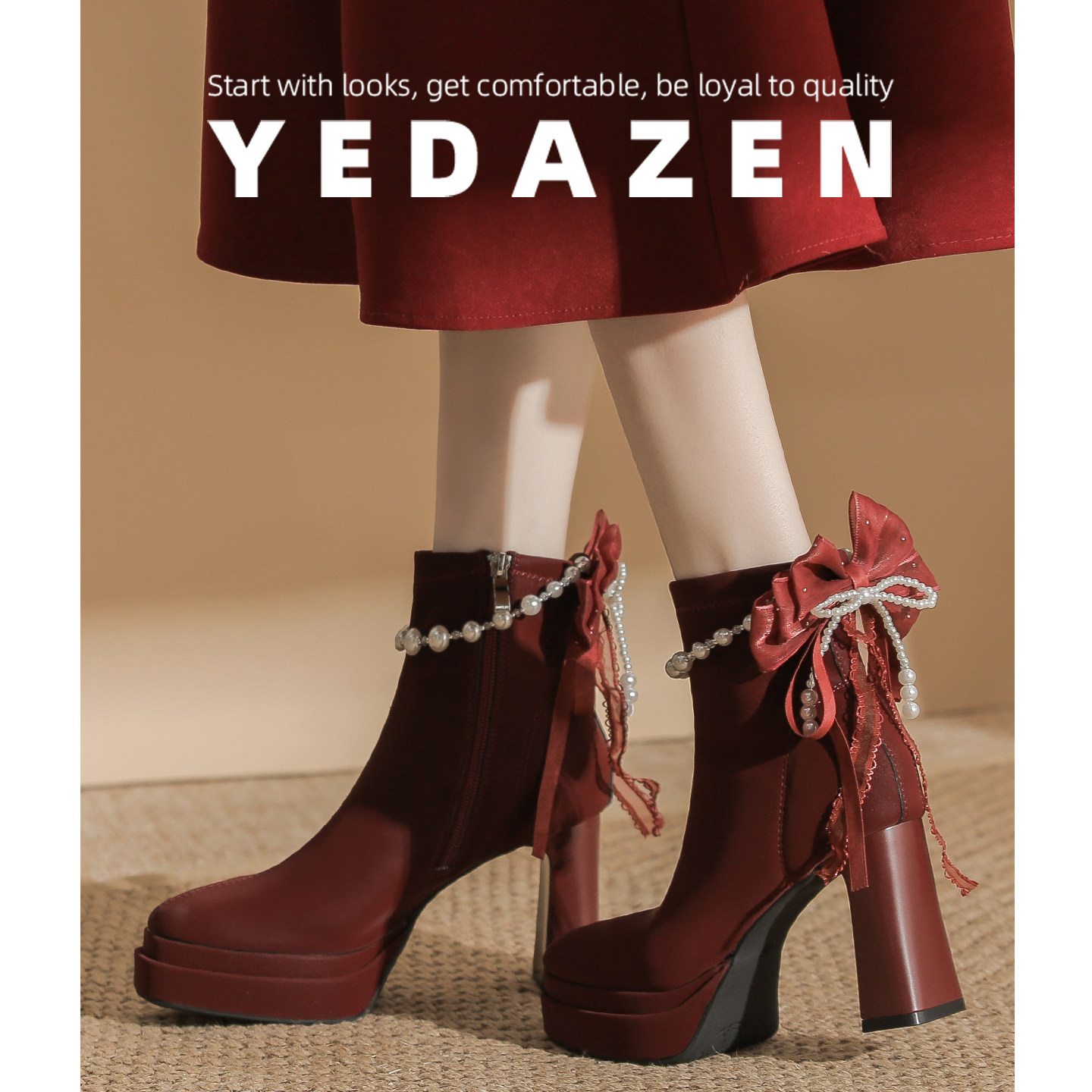 防水台粗跟高跟鞋女厚底玛丽珍红色主婚鞋新娘鞋2025巨好看的短靴