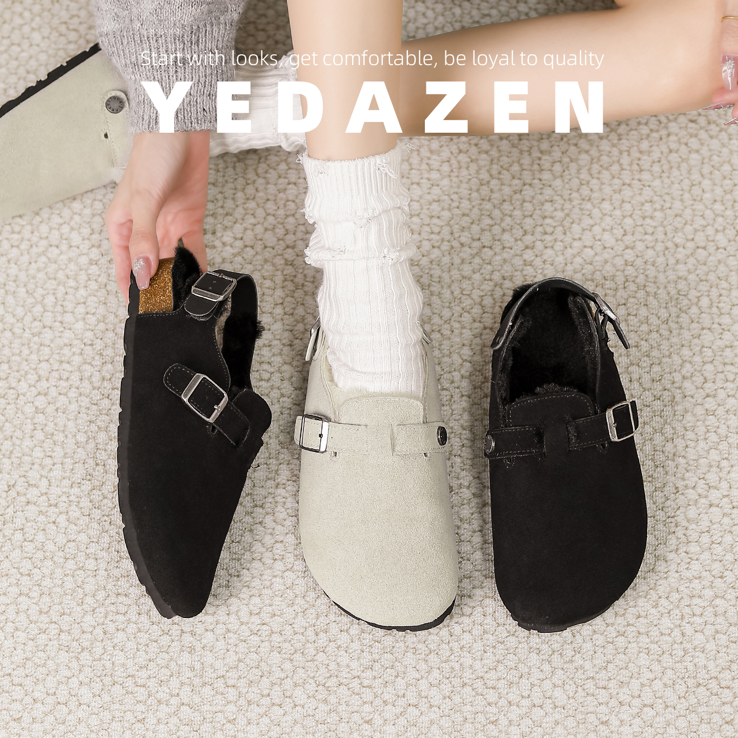 一脚蹬复古黑色毛毛勃肯鞋后跟带女外穿冬季加绒半拖鞋厚底包头鞋