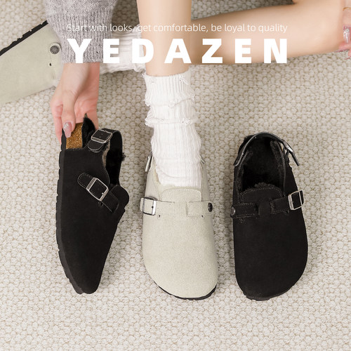 一脚蹬复古黑色毛毛勃肯鞋后跟带女外穿冬季加绒半拖鞋厚底包头鞋