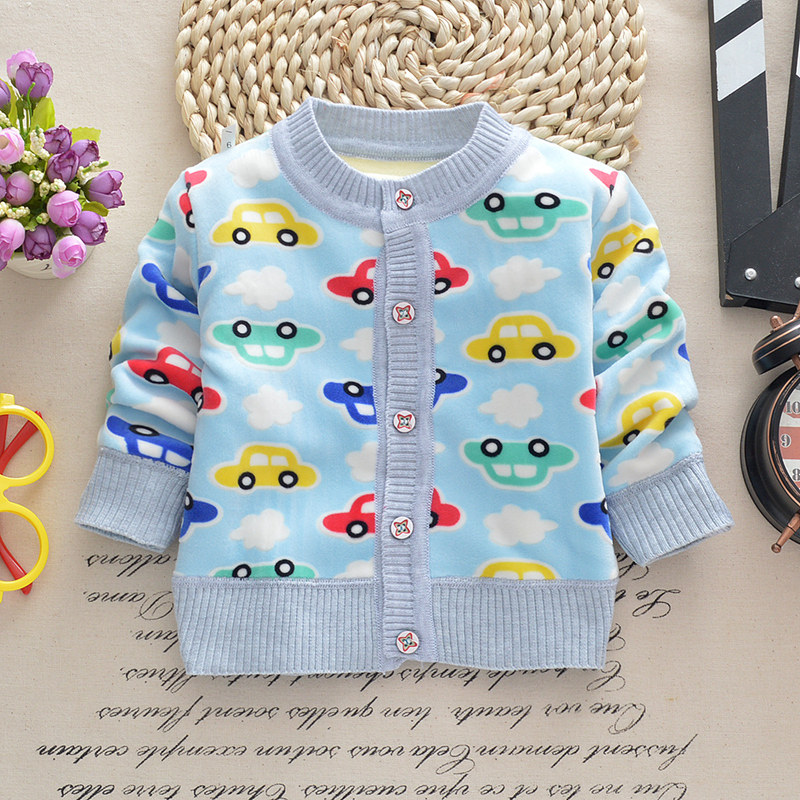 儿童毛衣加绒秋冬新款宝宝双面绒开衫男女童卡通外套婴儿保暖衣服